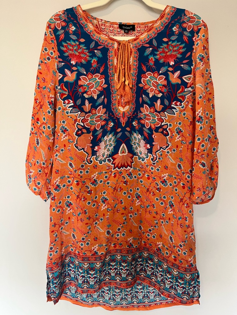 Tolani 100% Silk Boho Mini Dress XS Orange Blue Floral Tunic
